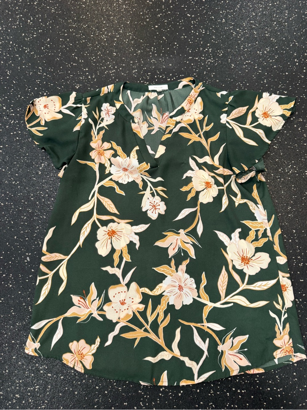Maurices Dark Green Floral Top with Cream & Tan Accents